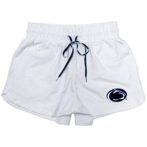 women's white elevation shorts with stitched Penn State Athletic Logo on left leg